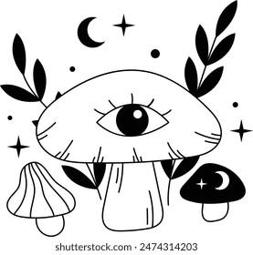 Hand Drawn Mystical Magic Mushroom. Esoteric Element. Line Art Illustration.