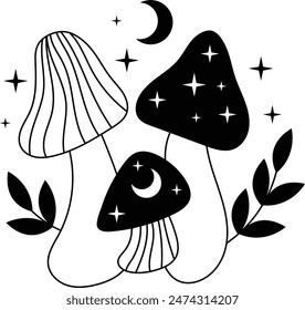 Hand Drawn Mystical Magic Mushroom. Esoteric Element. Line Art Illustration.