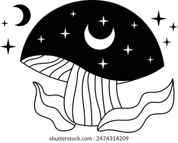 Hand Drawn Mystical Magic Mushroom. Esoteric Element. Line Art Illustration.