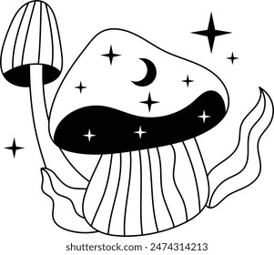 Hand Drawn Mystical Magic Mushroom. Esoteric Element. Line Art Illustration.