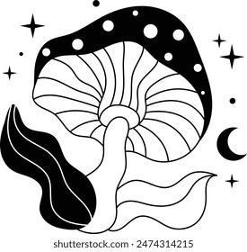 Hand Drawn Mystical Magic Mushroom. Esoteric Element. Line Art Illustration.