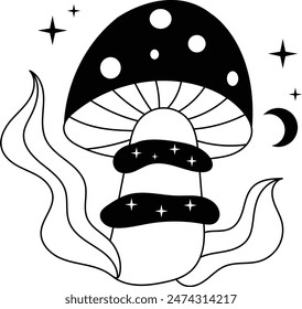 Hand Drawn Mystical Magic Mushroom. Esoteric Element. Line Art Illustration.