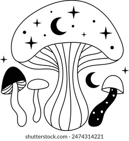 Hand Drawn Mystical Magic Mushroom. Esoteric Element. Line Art Illustration.