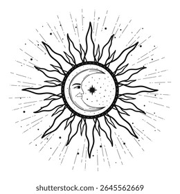 Hand drawn mystical Moon with face, Sun, crescent, star. Spiritual celestial space, astrology sign, astronomy symbol. Magic talisman, antique style, vintage, boho, tarot. Vector outline illustration