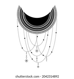 Hand drawn mystical Moon with stars in line art. Spiritual symbol celestial space. Magic talisman, antique style, boho, tattoo, logo vector illustration.