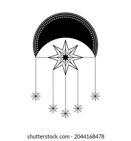 Hand drawn mystical Moon with stars in line art. Spiritual symbol celestial space. Magic talisman, antique style, boho, tattoo, logo. Magic talisman isolated on white background.