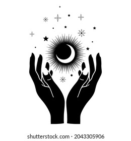 Hand drawn mystical Moon with woman hands, stars in line art. Spiritual symbol celestial space. Magic talisman, antique style, boho, tattoo, logo. Magic talisman isolated on white background.