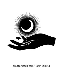 Hand drawn mystical Moon with woman hand, stars in line art. Spiritual symbol celestial space. Magic talisman, antique style, boho, tattoo, logo. Magic talisman isolated on white background.
