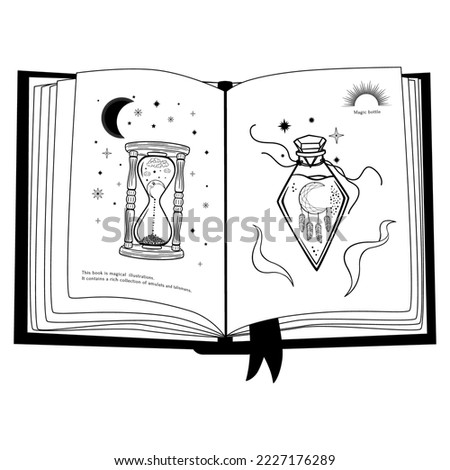 Hand drawn mystical open book with hourglass, glass bottle, moon and star in line art. Magic collection, symbol, talisman, antique style, boho. Vector sketch illustration isolated on white background