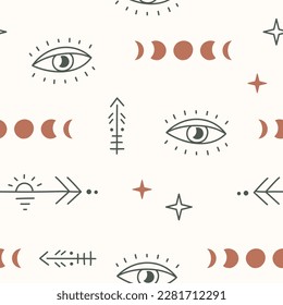 Hand Drawn Mystical Seamless Pattern with Eyes. Vector illustration