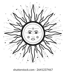 Hand drawn mystical Sun with face, sunburst, rays, stars. Spiritual celestial space, astrology sign, astronomy symbol. Magic talisman, antique style, vintage, boho, tarot. Vector outline illustration