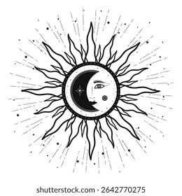 Mão desenhada Sol místico com face, Lua, crescente, estrela. Espaço celeste espiritual, signo de astrologia, símbolo de astronomia. Talismã mágico, estilo antigo, vintage, boho, tarô. Ilustração de contorno de vetor