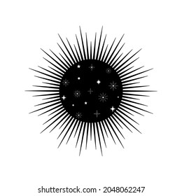 Hand drawn mystical Sun in line art. Spiritual symbol celestial space. Magic talisman, antique style, boho, tattoo, logo. Vector illustration isolated on white background.