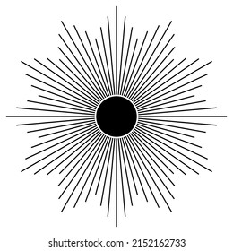 Hand drawn mystical Sun in line art. Sunburst, light rays, spiritual symbol celestial space. Magic talisman, antique style, boho, tattoo, logo. Vector illustration isolated on white background.
