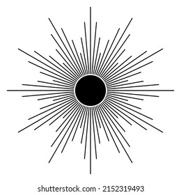 Hand drawn mystical Sun in line art. Sunburst, light rays, spiritual symbol celestial space. Magic talisman, antique style, boho, tattoo, logo. Vector illustration isolated on white background.