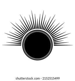 Hand drawn mystical Sun in line art. Sunburst, light rays, spiritual symbol celestial space. Magic talisman, antique style, boho, tattoo, logo. Vector illustration isolated on white background.