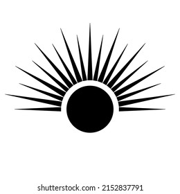 Hand drawn mystical Sun in line art. Sunburst, light rays, spiritual symbol celestial space. Magic talisman, antique style, boho, tattoo, logo. Vector illustration isolated on white background.