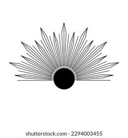 Hand drawn mystical Sun in line art. Sunburst, light rays, spiritual symbol celestial space. Magic talisman, antique style, boho, tattoo, emblem, logo. Vector illustration isolated on white background