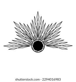 Hand drawn mystical Sun in line art. Sunburst, light rays, spiritual symbol celestial space. Magic talisman, antique style, boho, tattoo, emblem, logo. Vector illustration isolated on white background