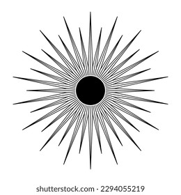 Hand drawn mystical Sun in line art. Sunburst, light rays, spiritual symbol celestial space. Magic talisman, antique style, boho, tattoo, emblem, logo. Vector illustration isolated on white background