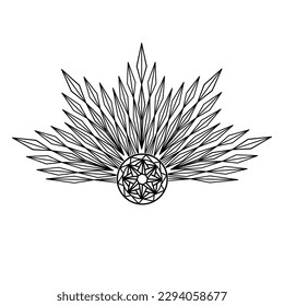 Hand drawn mystical Sun in line art. Sunburst, light rays, spiritual symbol celestial space. Magic talisman, antique style, boho, tattoo, emblem, logo. Vector illustration isolated on white background