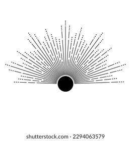 Hand drawn mystical Sun in line art. Sunburst, light rays, spiritual symbol celestial space. Magic talisman, antique style, boho, tattoo, emblem, logo. Vector illustration isolated on white background