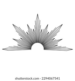 Hand drawn mystical Sun in line art. Sunburst, light rays, spiritual symbol celestial space. Magic talisman, antique style, boho, tattoo, emblem, logo. Vector illustration isolated on white background