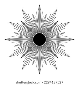 Hand drawn mystical Sun in line art. Sunburst, light rays, spiritual symbol celestial space. Magic talisman, antique style, boho, tattoo, emblem, logo. Vector illustration isolated on white background