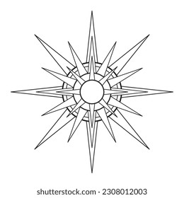 Hand drawn mystical Sun in line art. Bohemian symbol bursting sun rays. Magic celestial circle talisman, antique style, boho, tattoo, logo. Vector sketch illustration isolated on white background