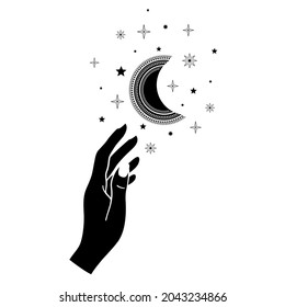 Hand drawn mystical Sun and Moon with woman hand in line art. Spiritual symbol celestial space. Magic talisman, antique style, boho, tattoo, logo. Vector illustration isolated on white background