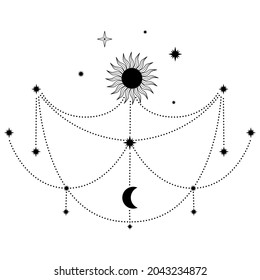 Hand drawn mystical Sun and Moon with stars in line art. Spiritual symbol celestial space. Magic talisman, antique style, boho, tattoo, logo. Vector illustration isolated on white background