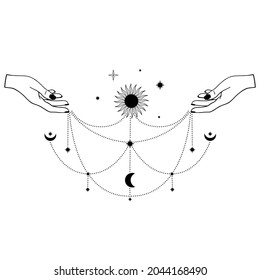 Hand drawn mystical Sun and Moon with woman hands in line art. Spiritual symbol celestial space. Magic talisman, antique style, boho, tattoo, logo. Vector illustration isolated on white background