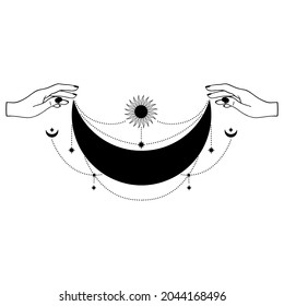 Hand drawn mystical Sun and Moon with woman hands in line art. Spiritual symbol celestial space. Magic talisman, antique style, boho, tattoo, logo. Vector illustration isolated on white background