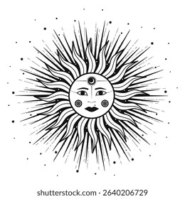 Hand drawn mystical Sun Moon with face, crescent, star. Spiritual celestial space, astrology sign, astronomy symbol. Magic talisman, antique style, vintage, boho, tarot. Vector outline illustration