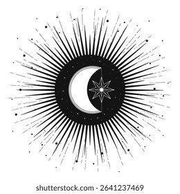 Hand drawn mystical Sun and Moon, crescent, star. Spiritual celestial space, astrology sign, astronomy symbol. Magic talisman, antique style, vintage, boho, tarot. Vector outline illustration