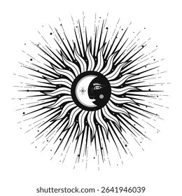Hand drawn mystical Sun Moon with face, crescent, star. Spiritual celestial space, astrology sign, astronomy symbol. Magic talisman, antique style, vintage, boho, tarot. Vector outline illustration