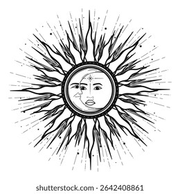 Mão desenhada mística Sol Lua com rosto, crescente, estrela. Espaço celeste espiritual, signo de astrologia, símbolo de astronomia. Talismã mágico, estilo antigo, vintage, boho, tarô. Ilustração de contorno de vetor