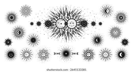 Hand drawn mystical Sun Moon with face, crescent, star. Spiritual celestial space, astrology sign, astronomy symbol. Magic talisman, antique style, vintage, boho, tarot. Vector outline illustration