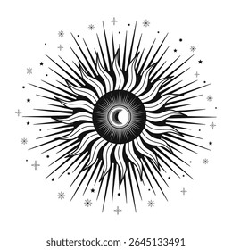 Hand drawn mystical Sun and Moon, crescent, star. Spiritual celestial space, astrology sign, astronomy symbol. Magic talisman, antique style, vintage, boho, tarot. Vector outline illustration