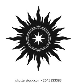 Hand drawn mystical Sun, sun rays, stars. Spiritual celestial space, astrology sign, astronomy symbol. Magic talisman, antique style, vintage, boho, tarot. Vector outline illustration