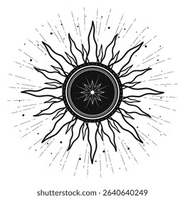 Hand drawn mystical Sun, sunburst, sun rays, stars. Spiritual celestial space, astrology sign, astronomy symbol. Magic talisman, antique style, vintage, boho, tarot. Vector outline illustration