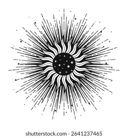 Hand drawn mystical Sun, sunburst, sun rays, stars. Spiritual celestial space, astrology sign, astronomy symbol. Magic talisman, antique style, vintage, boho, tarot. Vector outline illustration
