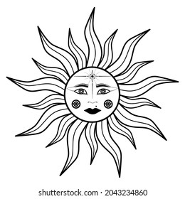 Hand drawn mystical Sun with woman face, Moon in line art. Spiritual symbol celestial space. Magic talisman, antique style, boho, tattoo, logo. Magic talisman isolated on white background.