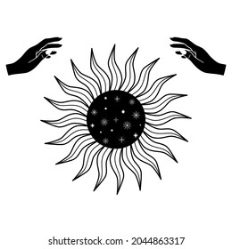 Hand drawn mystical Sun with woman hands in line art. Spiritual symbol celestial space. Magic talisman, antique style, boho, tattoo, logo. Magic talisman isolated on white background.