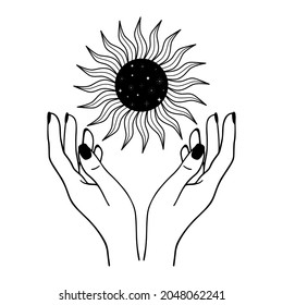 Hand drawn mystical Sun with woman hands in line art. Spiritual symbol celestial space. Magic talisman, antique style, boho, tattoo, logo. Vector illustration isolated on white background.