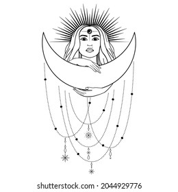 Hand drawn mystical woman with Sun, Moon, star in line art. Spiritual abstract silhouette young woman. Magic profile, esoteric talisman. Vector illustration isolated on white background