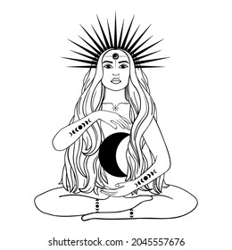 Hand drawn mystical woman with Sun, Moon, star in line art. Spiritual abstract silhouette young woman. Magic profile, esoteric talisman. Vector illustration isolated on white background