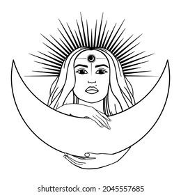 Hand drawn mystical woman with Sun, Moon, star in line art. Spiritual abstract silhouette young woman. Magic profile, esoteric talisman. Vector illustration isolated on white background