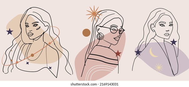 Hand drawn  mystical woman with Sun, Moon, star in line art. Constellation celestial space. Spiritual abstract symbol, esoteric talisman. Minmalistic drawing of women against the background of a star 