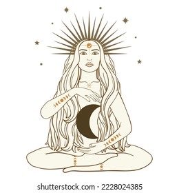 Hand drawn mystical woman with Sun, Moon, star in line art. Spiritual abstract silhouette young woman. Magic profile, esoteric talisman. Vector illustration isolated on white background